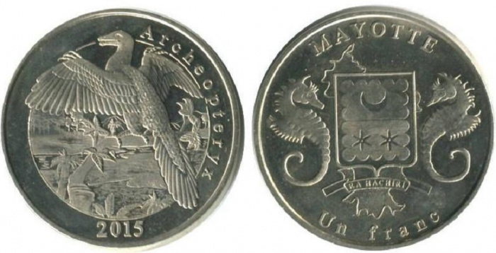 (2015) Монета Майотта 2015 год 1 франк &quot;Археоптерикс&quot;  Медь-Никель  PROOF